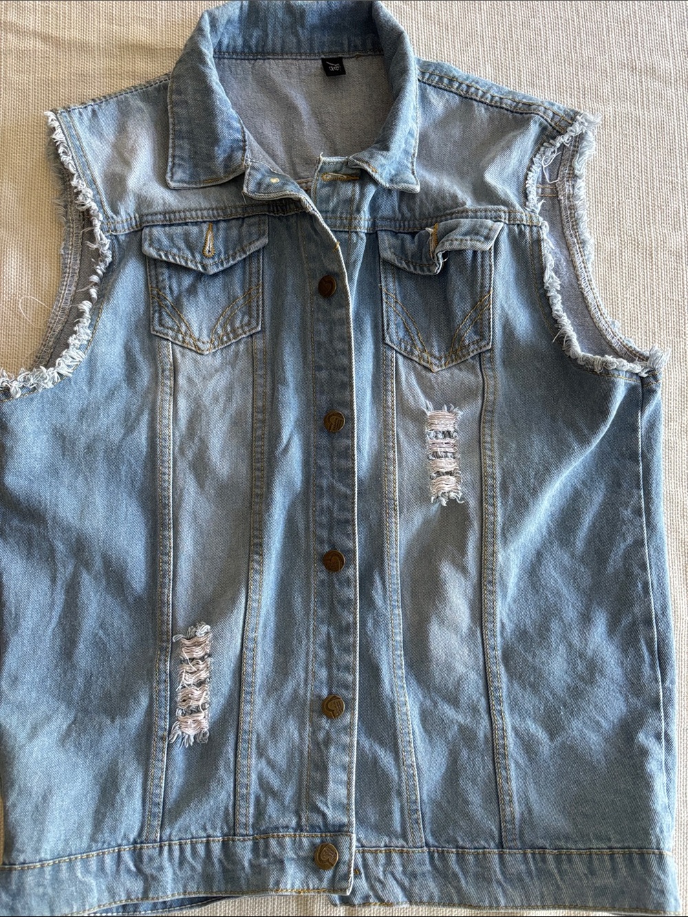 Light Wash Distressed Sleeveless Denim Vest